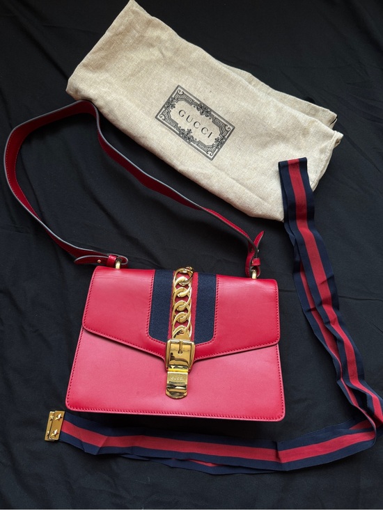 Gucci Handbags - Gucci Sylvie Red Medium Leather Chain-Accent Crossbody Bag with Navy Stripe